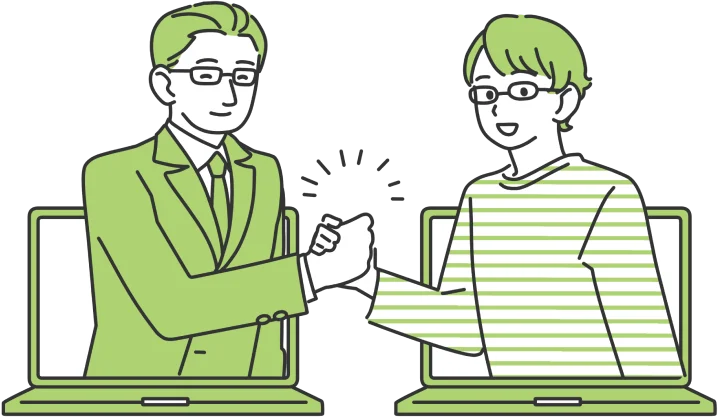 ノートパソコンの画面から現れたビジネスマンと若者がこぶしを合わせるイラスト